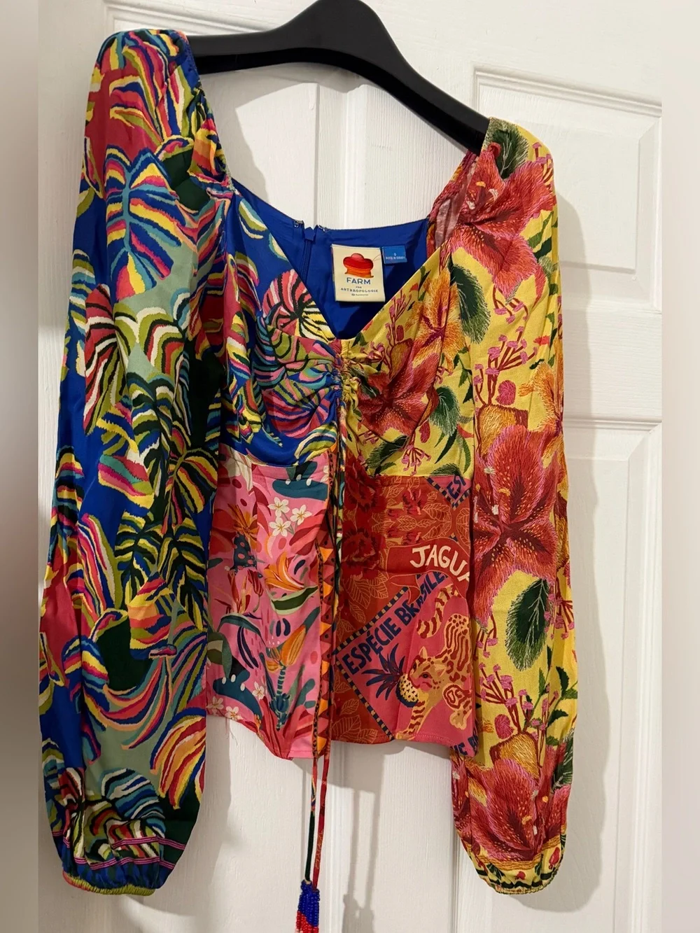 FARM Rio Multicolor Floral Ruched Puff-Sleeve Blouse with Tassel Ties